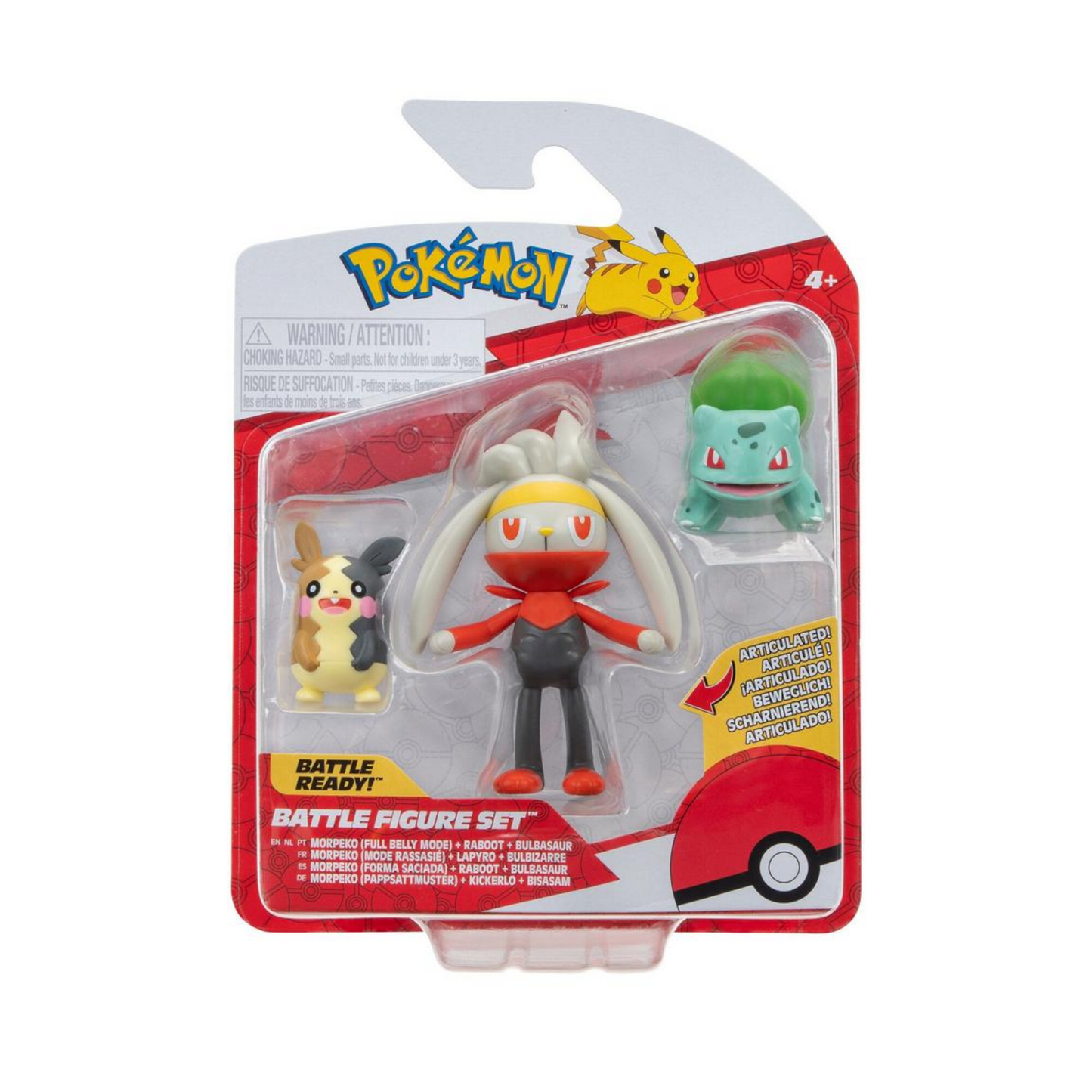 Figuras Pokemon Battle Set 3-Pack (Morpeko (Full-Belly Mode), Bulbasaur, Raboot)