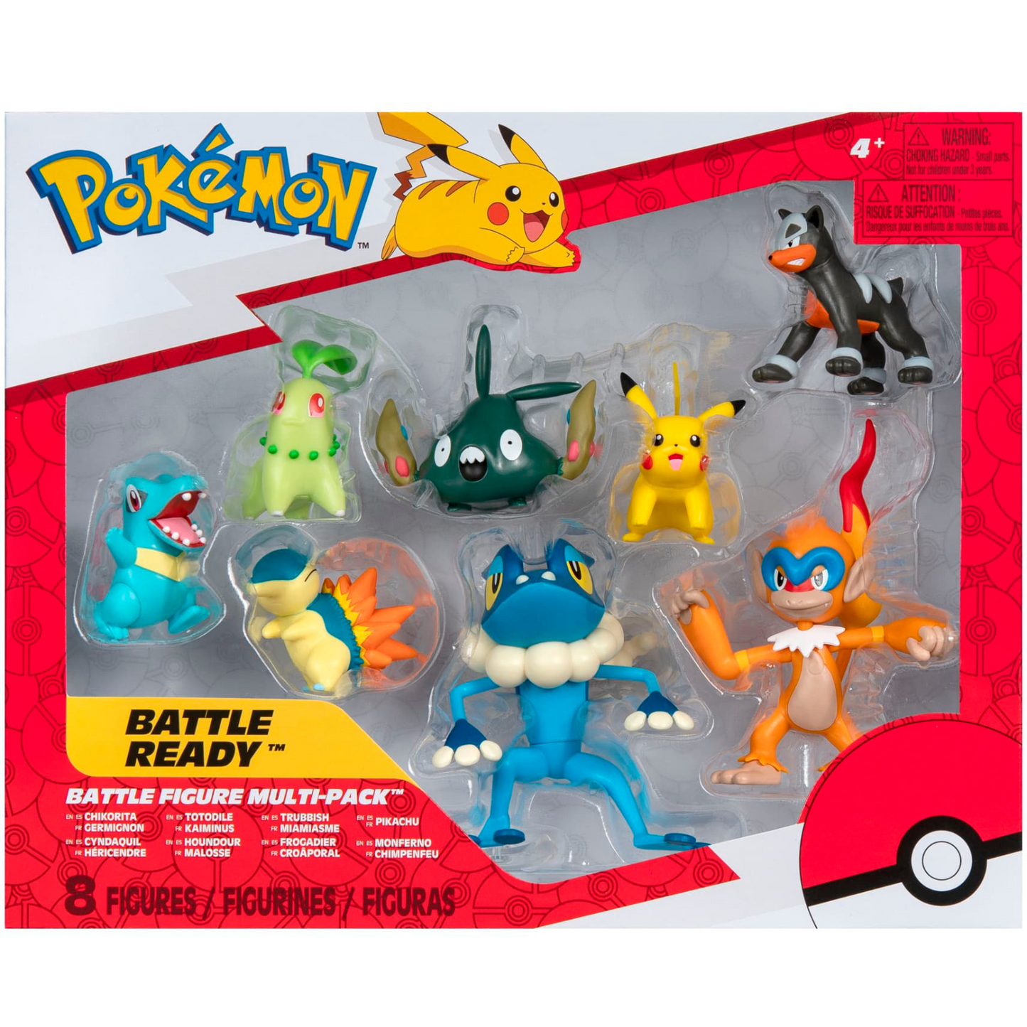 Figuras Pokemon Battle Set 8-Pack (Chikorita, Cyndaquil, Totodile, Houndour, Trubbish, Frogadier, Pikachu & Monferno)