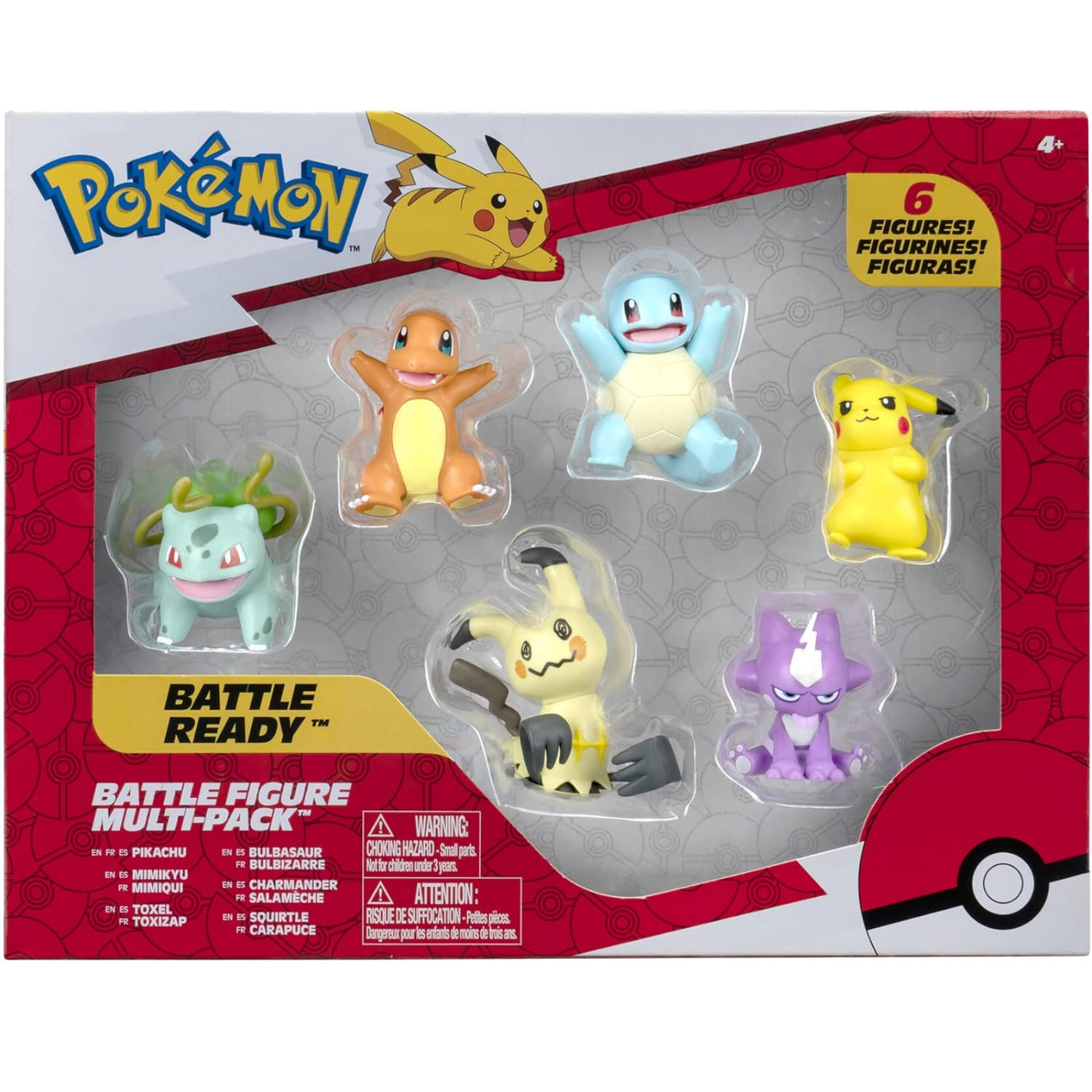 Figuras Pokemon Battle Set 6-Pack (Pikachu, Squirtle, Charmander, Bulbasaur, Mimikyu & Toxel)